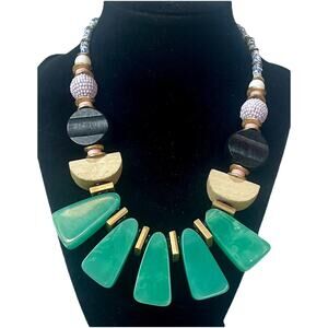 Anthropologie Boho Wood Statement Bib Sea Glass Green Beaded Necklace 18”